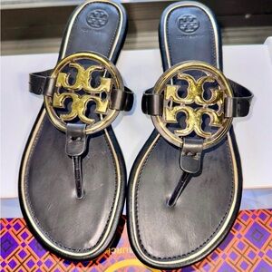 Tory Burch Metal Miller Sandals Perfect Black and Gold Size 9